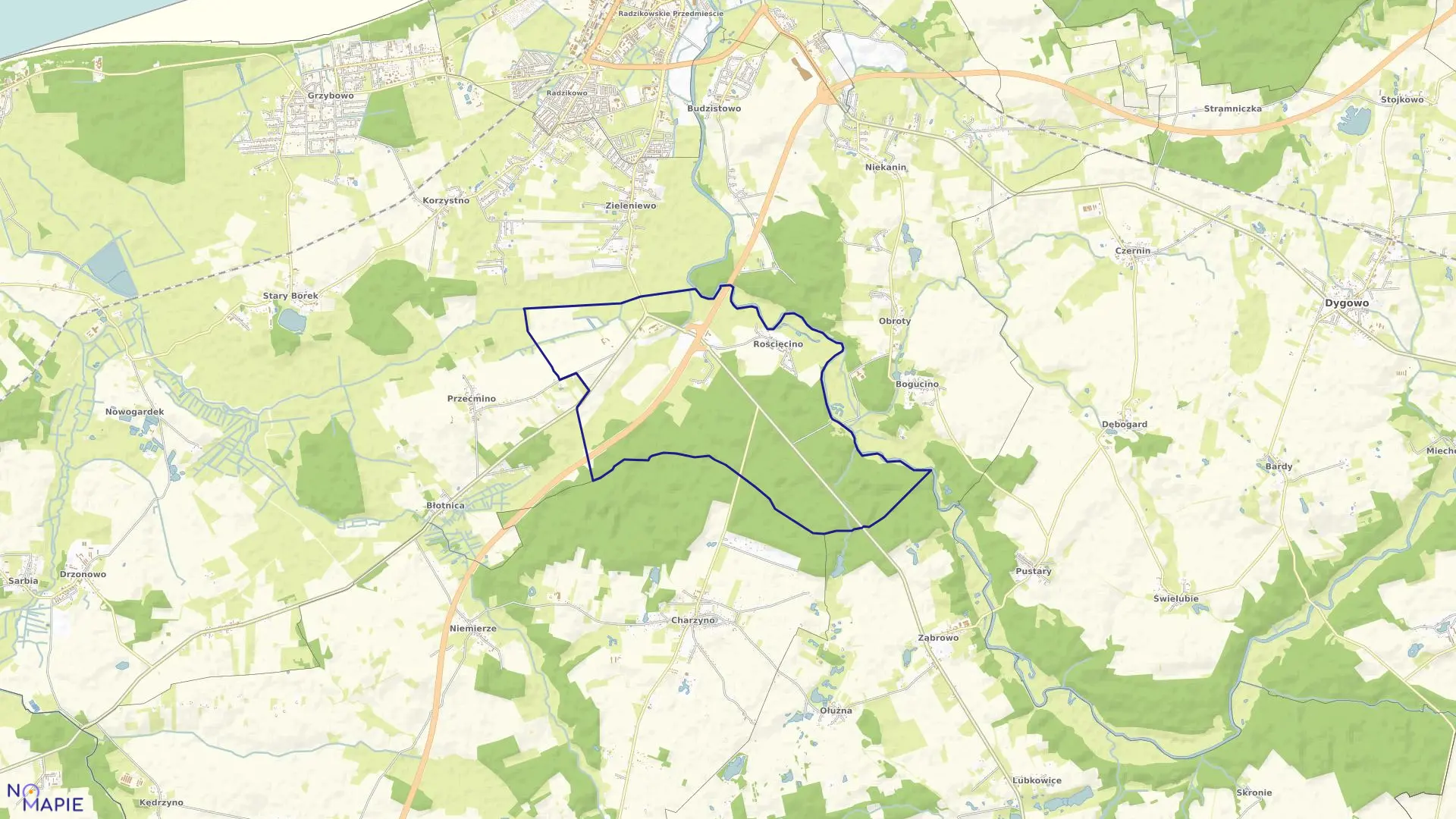 Mapa obrębu Rościęcino w gminie Kołobrzeg